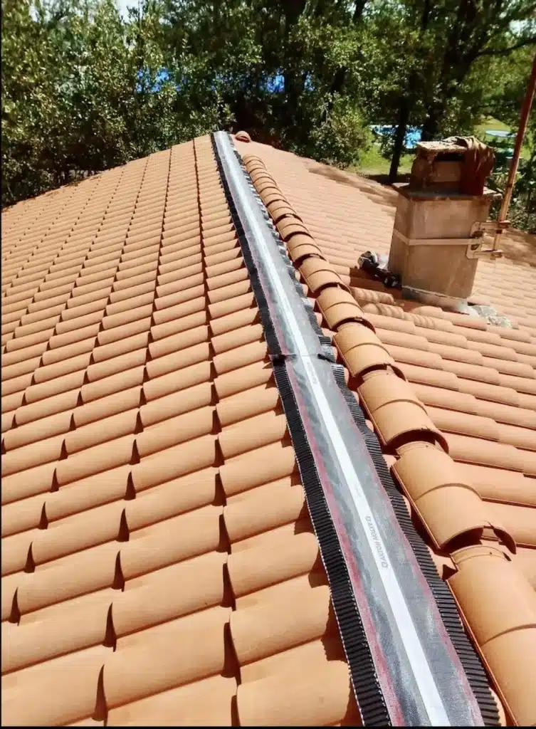 Toit en tuiles de terre cuite. La bande de faîtage DAYTON est posée au sommet pour la ventilation. Arbres verts et cheminée visible.